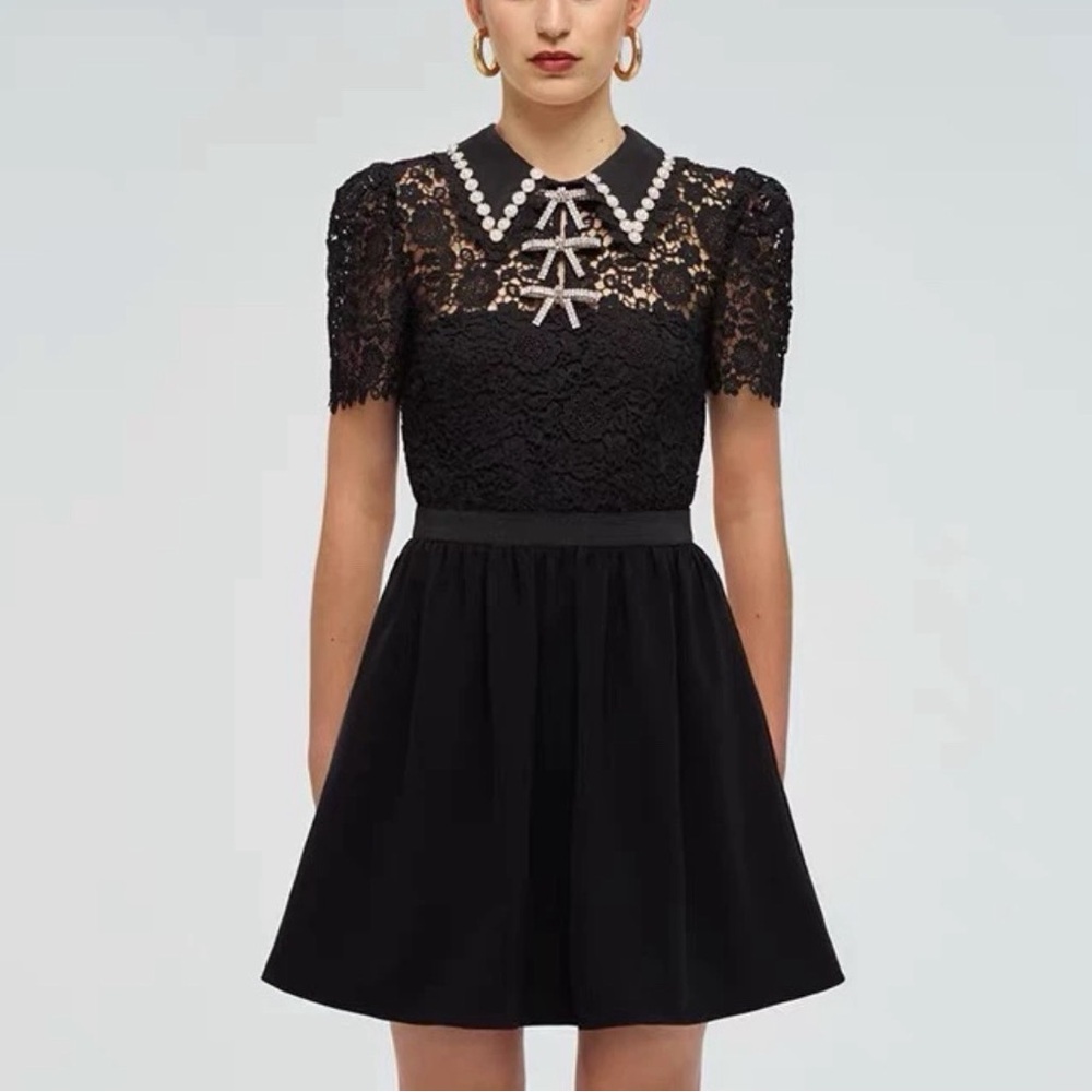 Self-Portrait Black Lace Rhinestone-Embellished Mini Dress Size US 6 (UK 10)